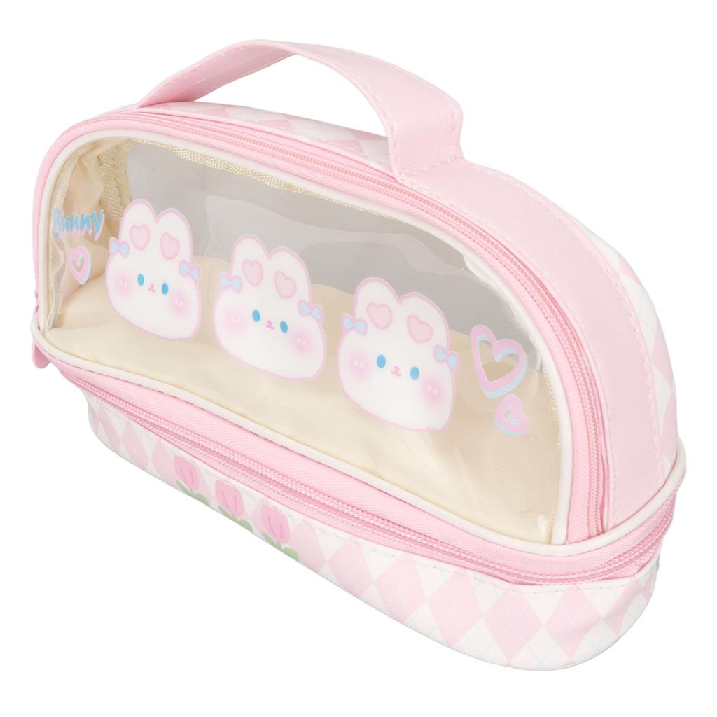 Cute Rabbit Pen Bag Rabbit Pattern Double Layer Waterproof Transparent Kawaii Pencil Case Pink