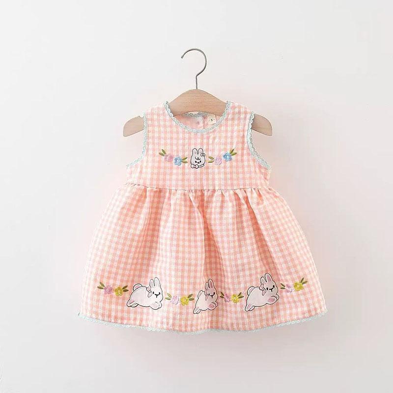 Summer Kids Sundress Toddler Pink Bunny Grid Sleeveless Dress Children Girls Yellow Clothes