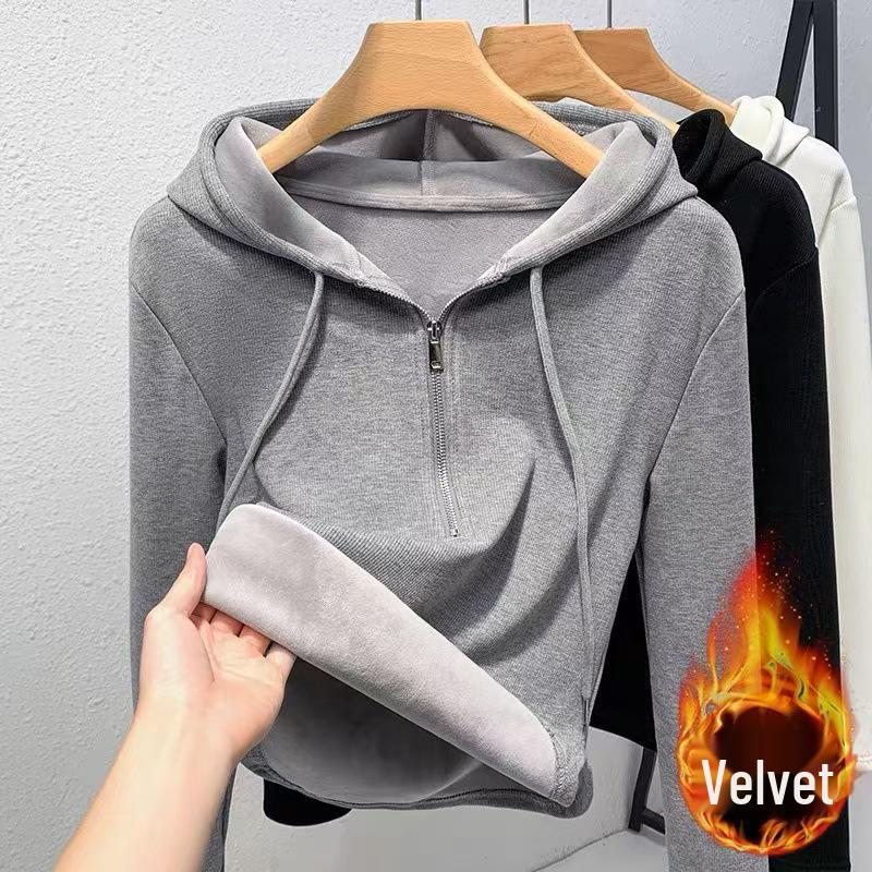 Women's Silver Fox Fleece-Lined Hooded Half-Zip Slim-Fit T-Shirt for Autumn/Winter 2025.