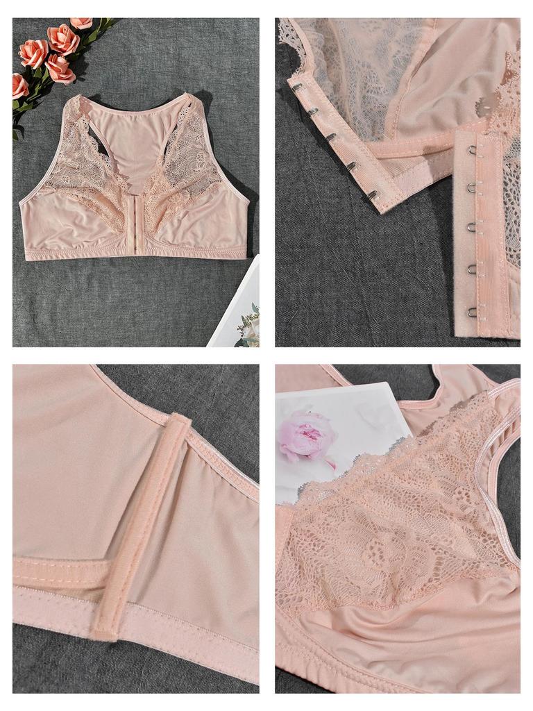 2024 Cross-border Plus Size Lace Bra: Wire-free, Breathable, Front Buckle, Comfortable Strappy Underwear for Breast Enhancement