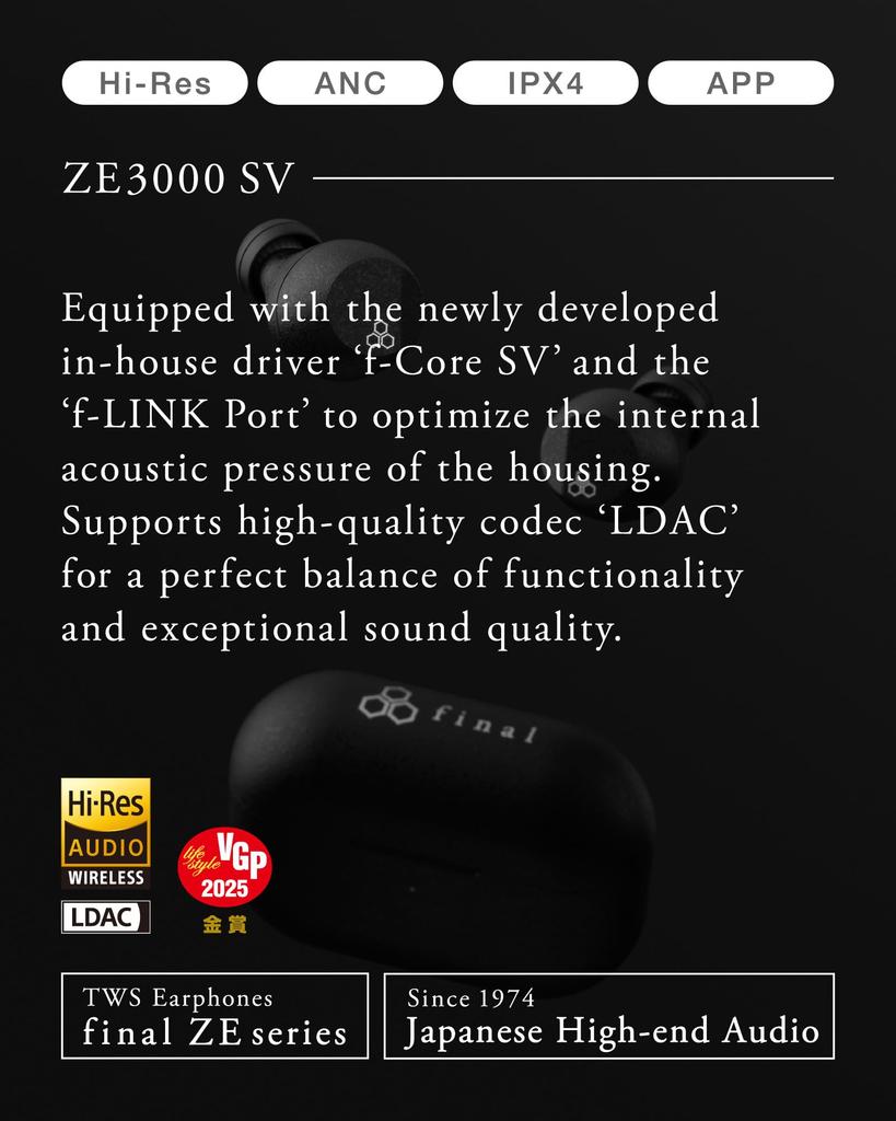 final ZE3000 SV Wireless Earphones, HiRES Compatible, ANC