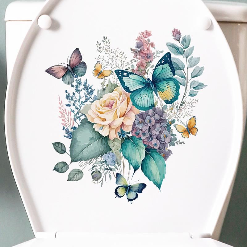 Creative Flower Butterfly Toilet Sticker Waterproof Self-Adhesive Removable Decal for Bathroom Toilet Lid Decor