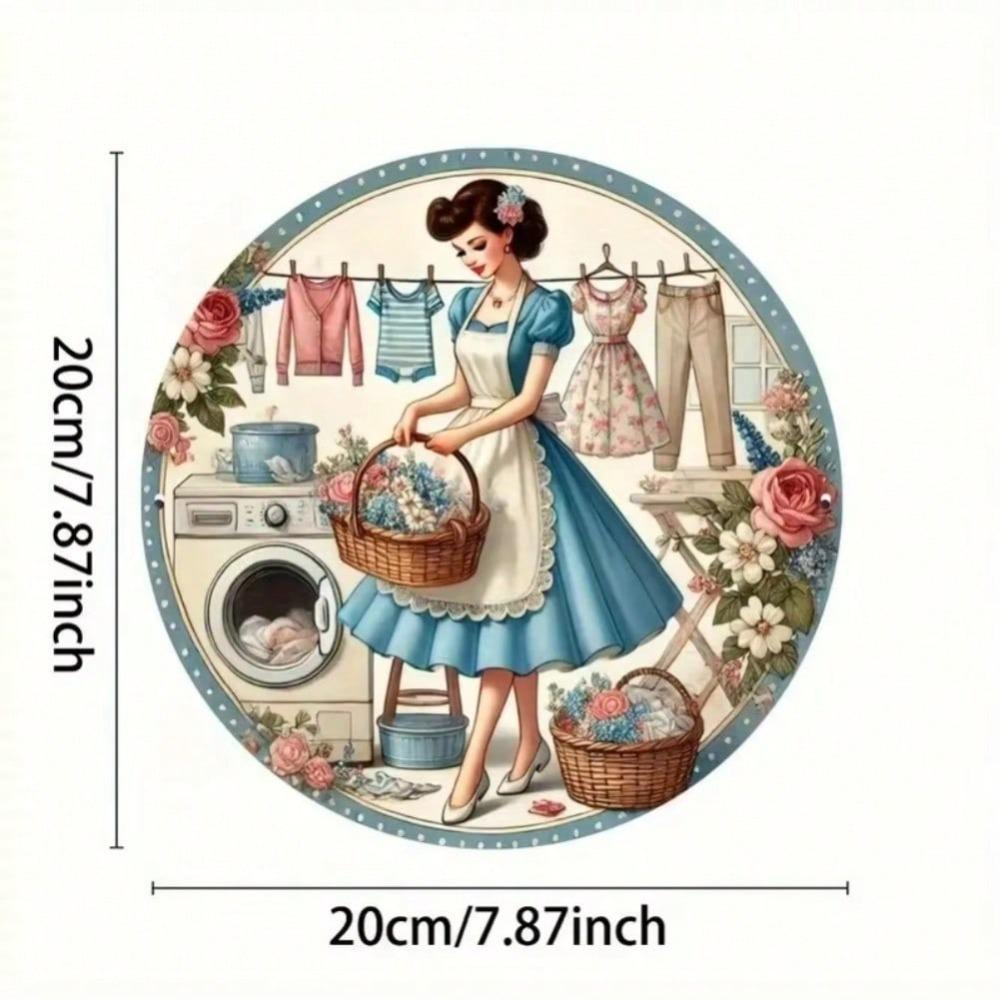 Chic Laundry Girl Metal Wall Art Round Painting Holiday Home Decoration