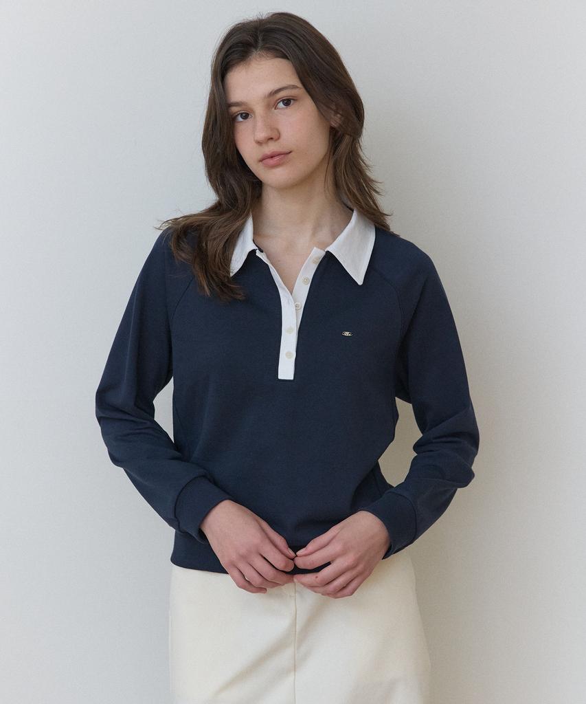 OURHOPE Button Collar Logo Sweatshirt - Navy