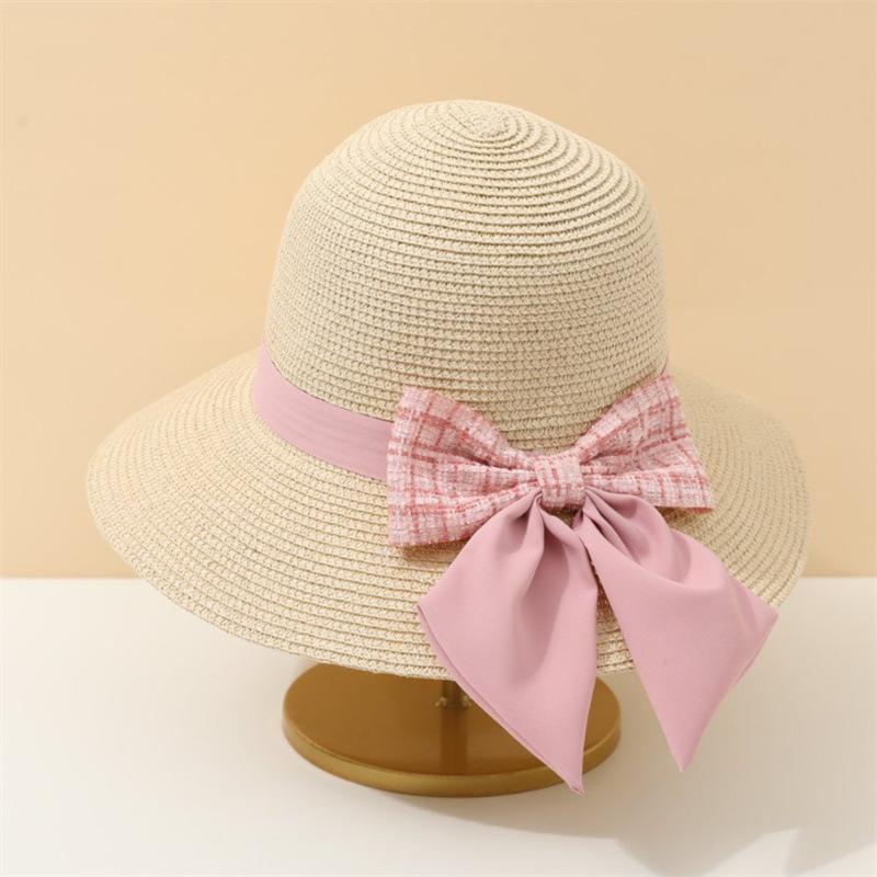 Straw Hat Women's Summer Plaid Beach Hat Sunscreen Vacation Visor Bow Bucket Hat Sun Hats Basin Hats