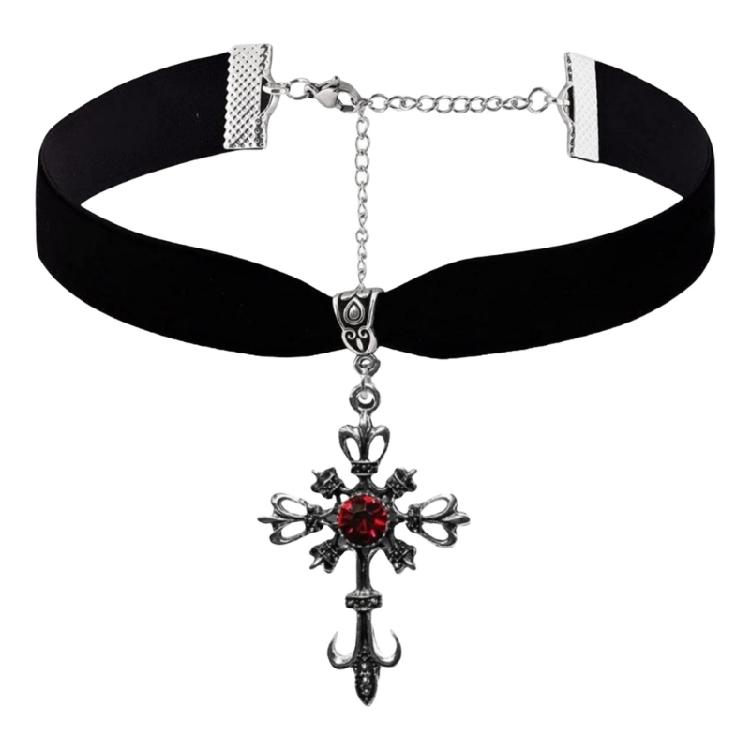 Contemporary Crucifix and Red Gemstones Pendant Necklace Velvets Chain Neckchain Adjustable Choker for Music Festival