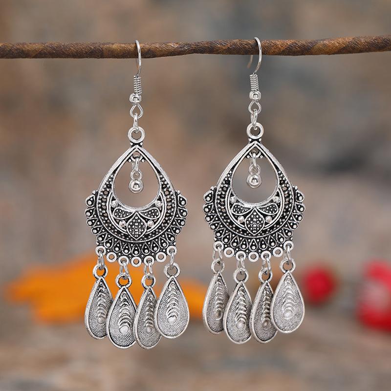 Retro Tibetan silver fringed earrings women's long temperament versatile earrings fashion personality vacation earrings