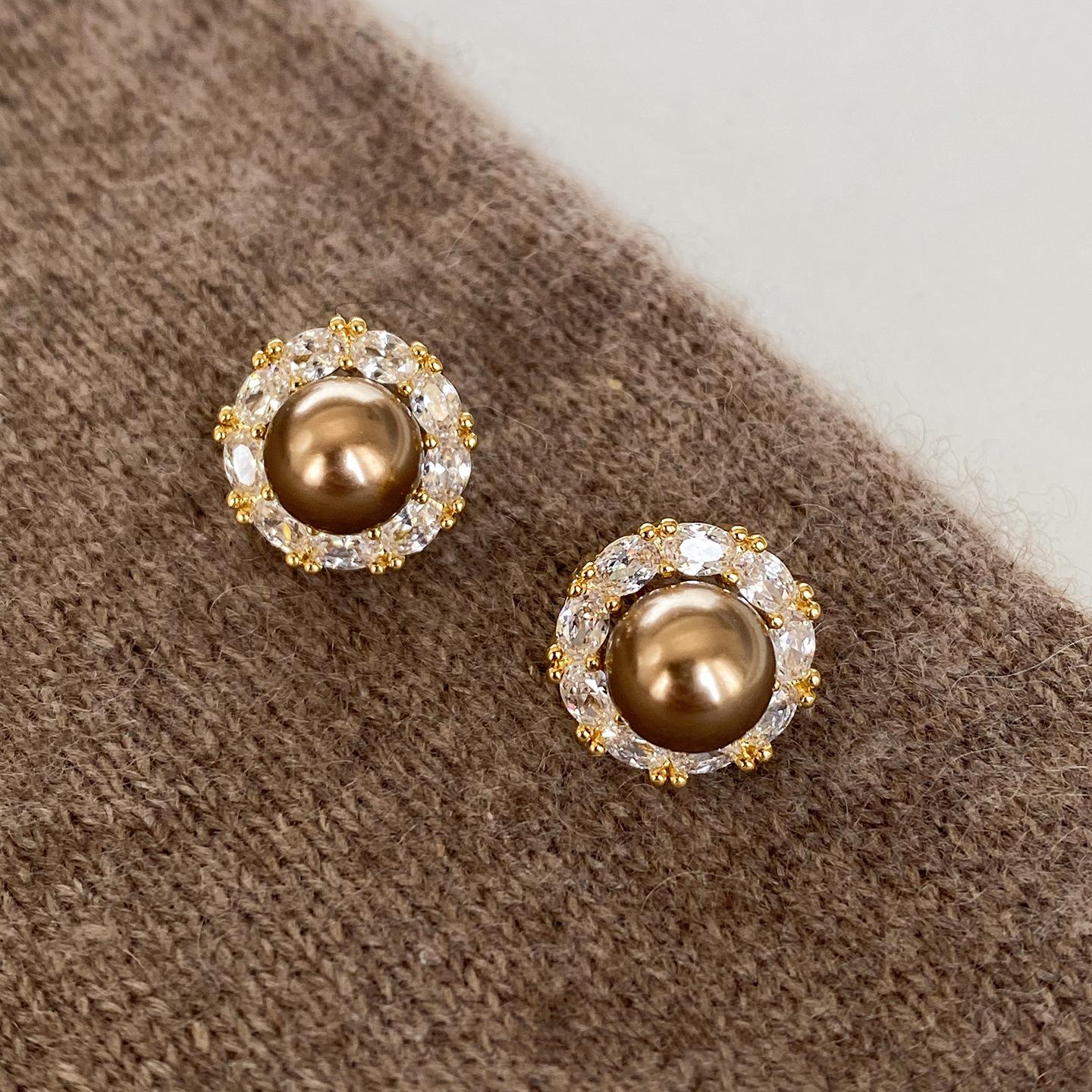 Silver Needle Cubic Zirconia Round Pearl Stud Earrings for Women - Elegant, Light Luxury Jewelry for Autumn-Winter