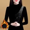 Autumn Winter Women Diamonds Fleece Black Slim T-Shirt Version Fashion Half High Neck Big Size Thicken Casual Long Sleeve Tops