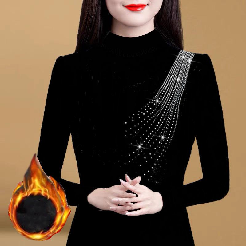 Autumn Winter Women Diamonds Fleece Black Slim T-Shirt Version Fashion Half High Neck Big Size Thicken Casual Long Sleeve Tops