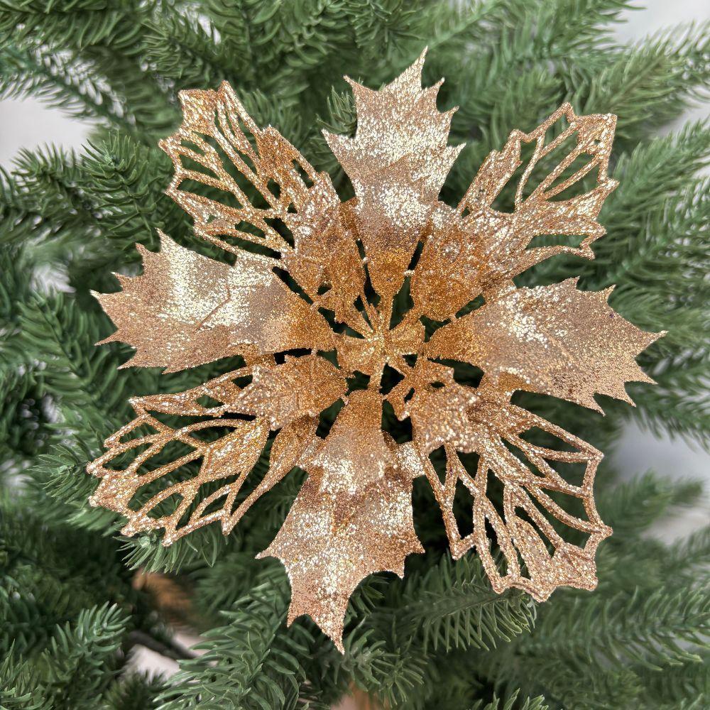 15Cm Christmas Simulation Christmas Flower Gold Dust Flower Christmas Ornament Flower Head Double Layer Hollow Gold Dust Flower