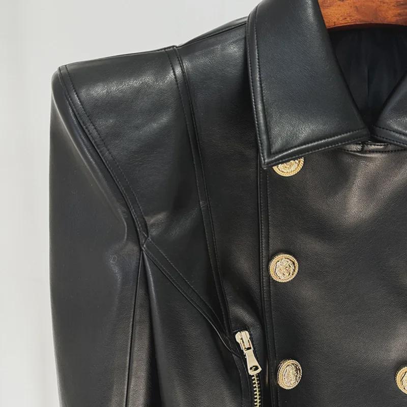 In Stock: Spring 2025 Celebrity Fashion Padded Shoulder Double-Breasted Short Motorcycle Leather Jacket