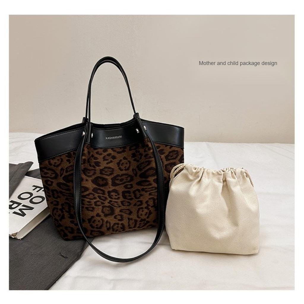 Tote Bag Women Velvet Leopard Print Large Capacity Office Daily Use