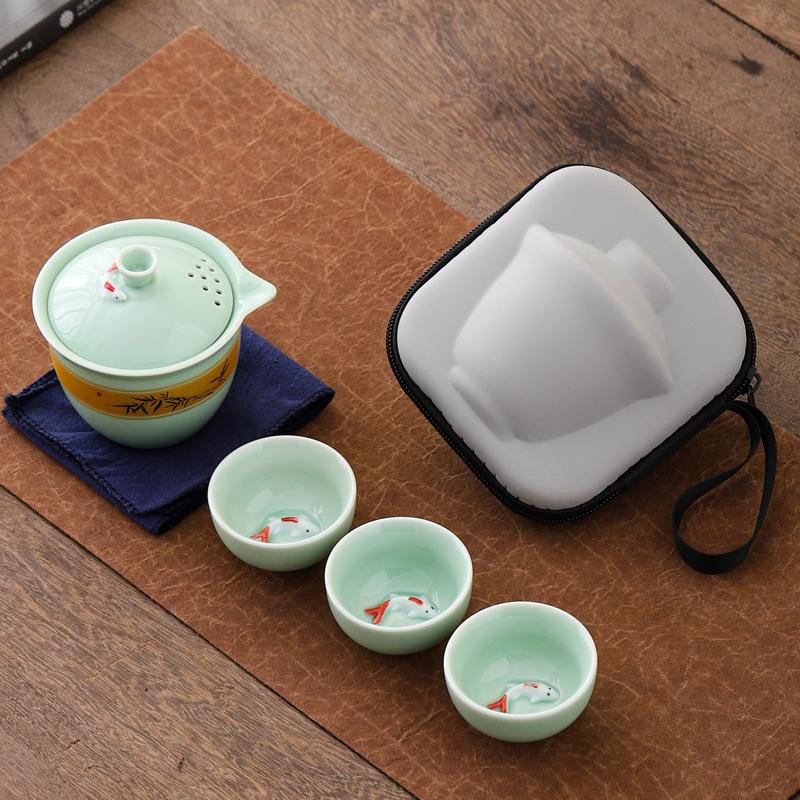 Portable Celadon Travel Teacup Tea Set Small Set Glass Outdoor One Pot Three Cups Ceramic Express Cup Brewing Teapot