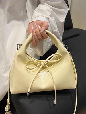 Light Yellow Ins Handbag Women's Trendy Bow Decoration One Shoulder Bag Spring Summer New Versatile PU Leather Crossbody Pack