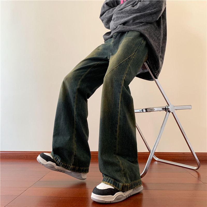 Spring and autumn American retro jeans loose ruffian handsome casual wide-leg pants trendy brand ins high street micro-pull pants men