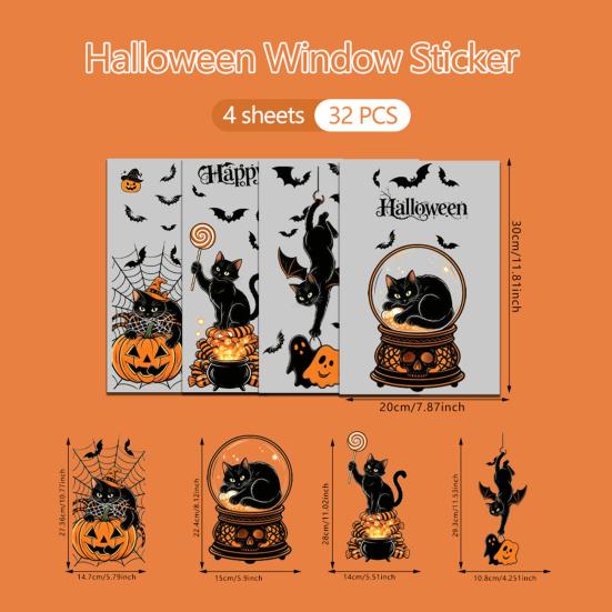 Decorative Glass Decals for Party 4Pcs Halloween Cartoon Window Clings, Pumpkin Ghost Scarecrow Stickers, Waterproof Murals Removable Home