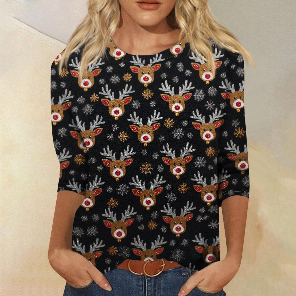 Damemote Uformell rundhals 3/4-ermet løs T-skjorte dametopp