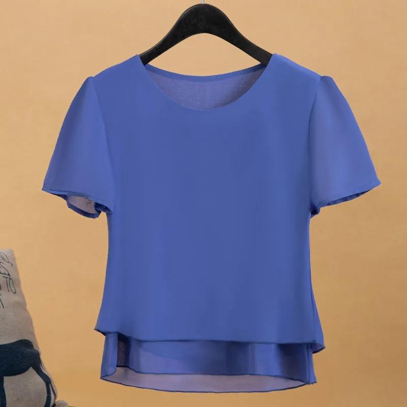 Chemise en mousseline de soie pour femme, manches courtes, grande taille, haut ample, été XL blue