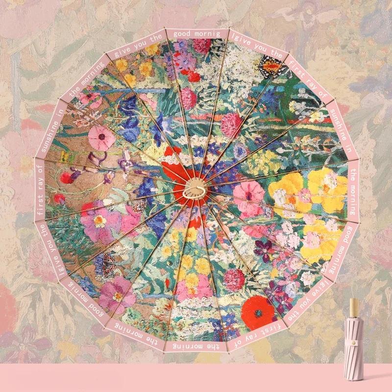 Luxury Oil Painting Umbrella Color Coating Upf50+ Uv Protection Sun Umbrellas For Women Elegant Folding Rain Sunshade Parasol