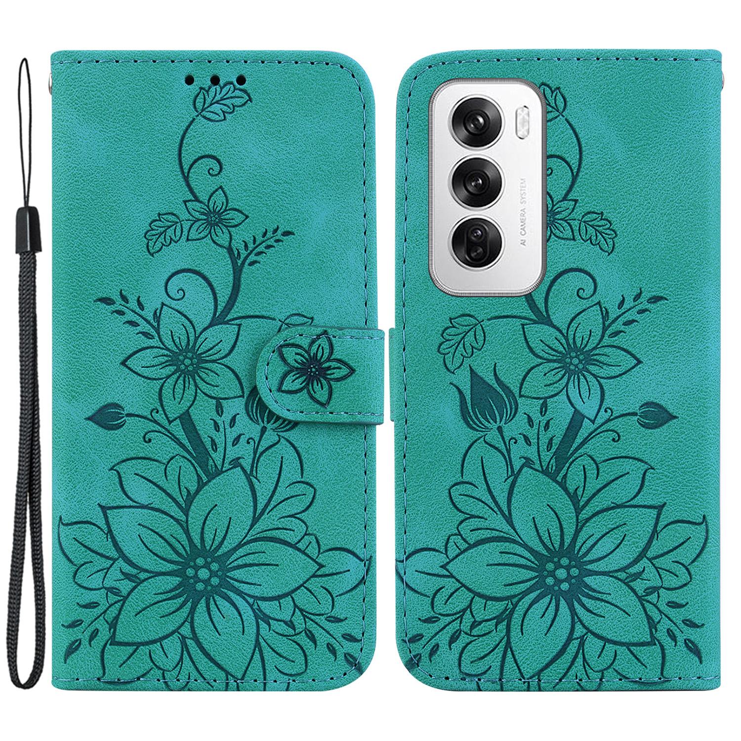

For Oppo Reno12 5G (Global) Case Lily Flower Imprint Leather Stand Phone Cover Green