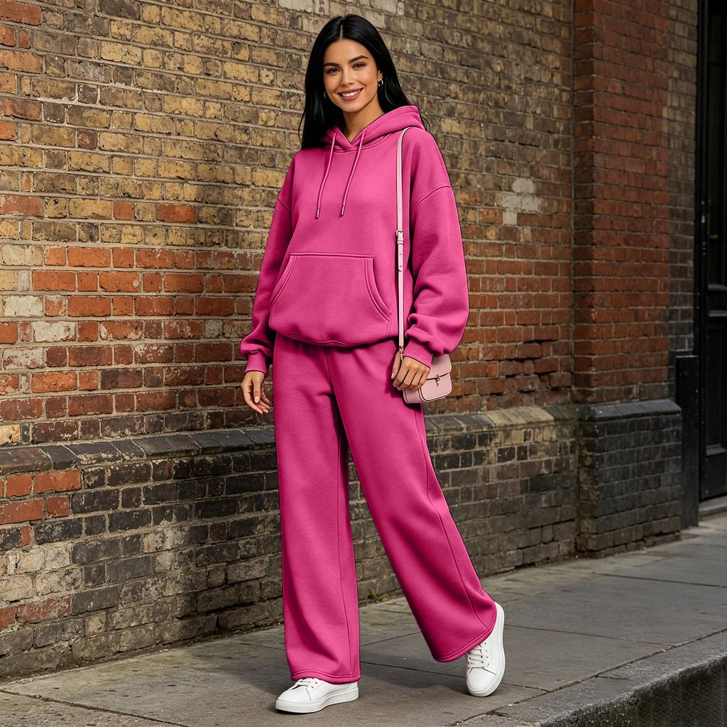 Women's Casual Two Piece Set with Drop Shoulder Drawstring Hoodie and Wide Leg Pants for Fall and Winter
