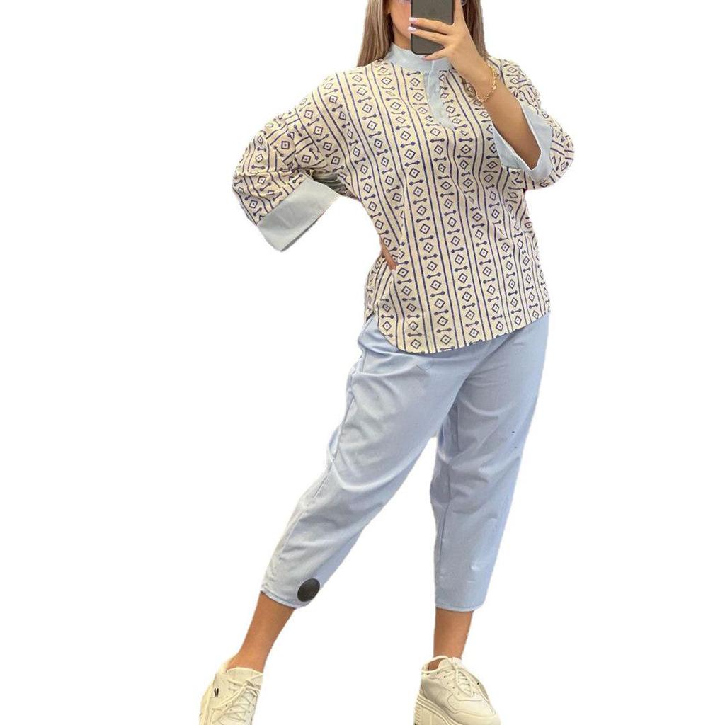 2025 Women's Fashion Set: Cotton Linen Print Top & High Waist Seven-Point Pants with Color Block Patchwork