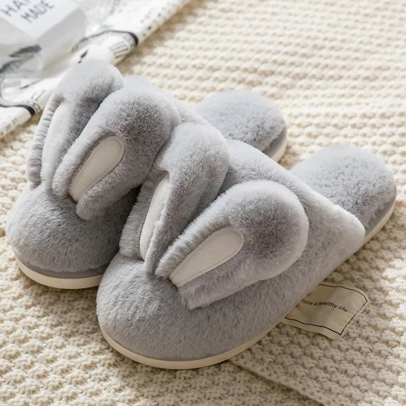 Women Warm Faux Fur Slippers Cute Rabbit Ear Indoor Slipper Soft Plush Anti-slip Winter Female Home Floor Shoes Slippers Women
