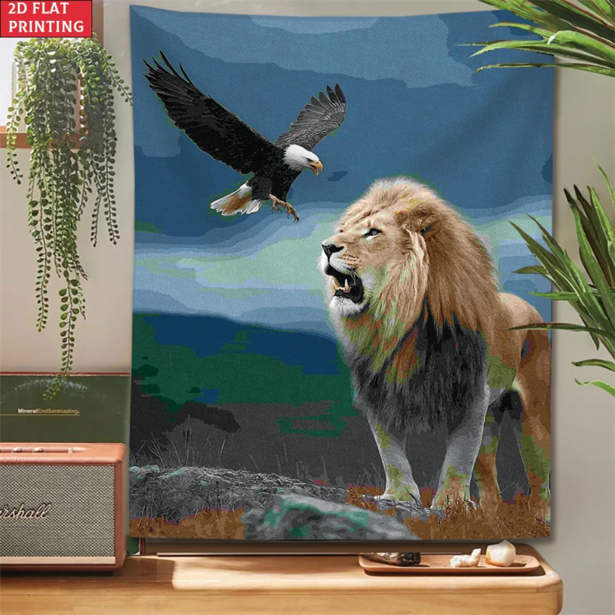 

Lion and Eagle Tapestry Roaring Lion with Flying Bald Eagle Wall Hanging Wild Animal Room Decor suitable for use in offices bars 74x94cm(29x37in)
