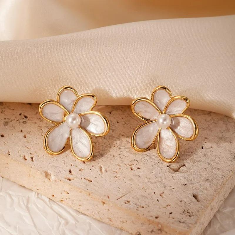 Vintage Smudging Enamel Pearl Drop Glaze Flowers Stud Earrings for Women Multi-colored Fashion Jewelry Accessories