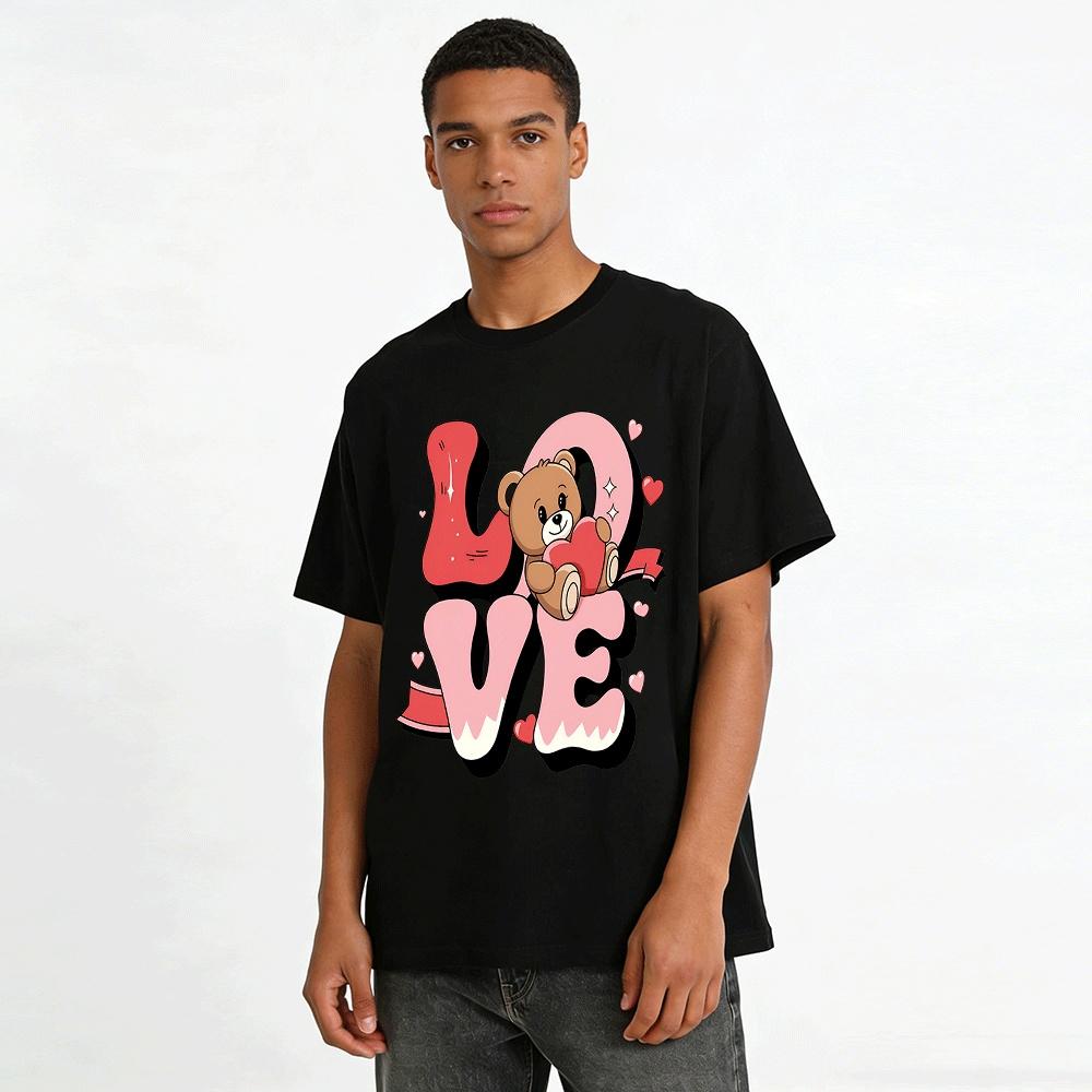 Love Bear Letter Print Couple Tshirt Casual Loose Short Sleeve Top Pure Cotton T-shirt
