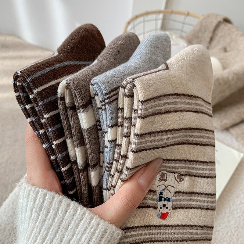 Winter Polar Bear Cashmere Socks Women'S Contrast Striped Vintage Mid-Leg Socks Warm And Versatile High Wool Socks