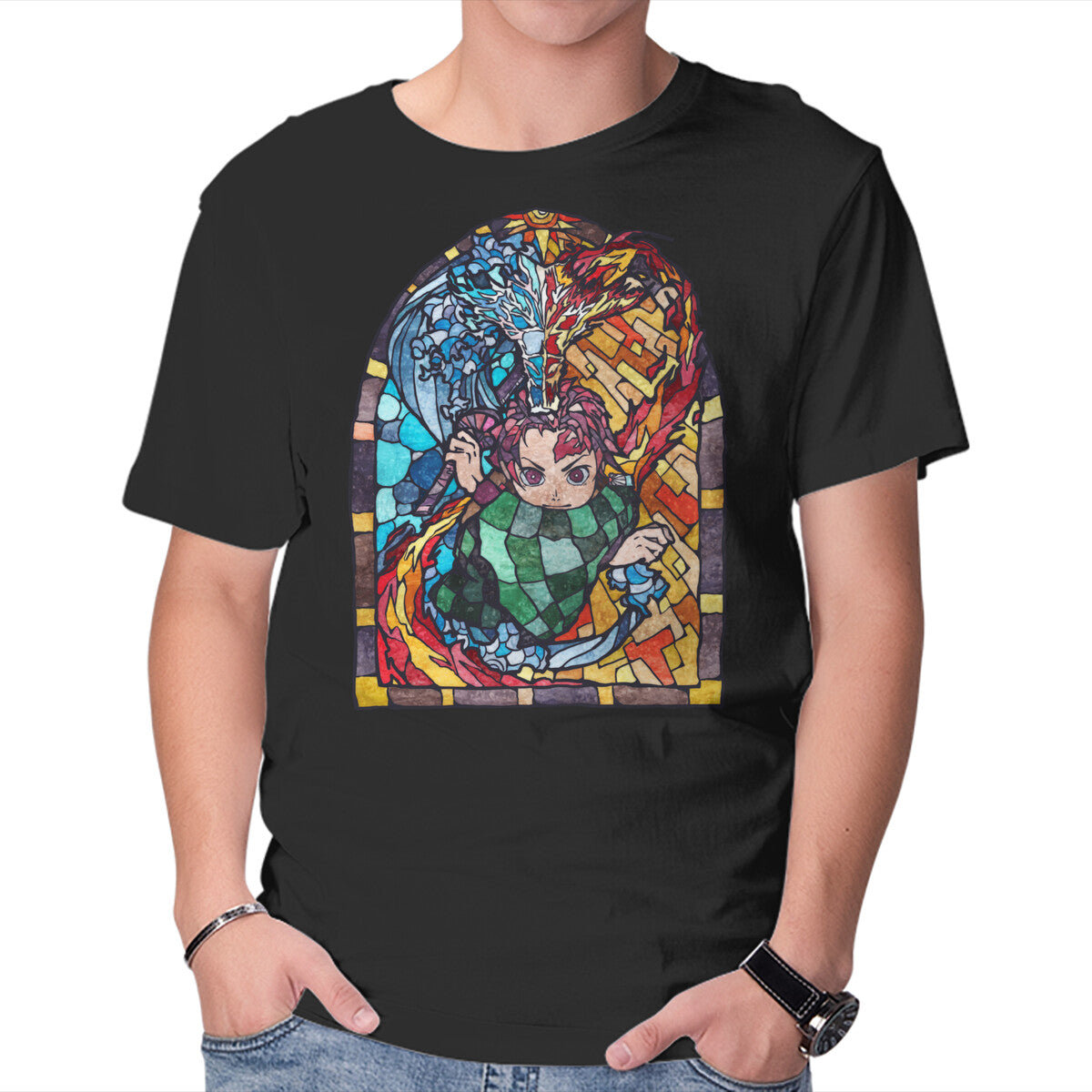 Unisex Crew Neck T-Shirt Tanjiro Stained Glass Graphic Short Sleeve Casual Tee L