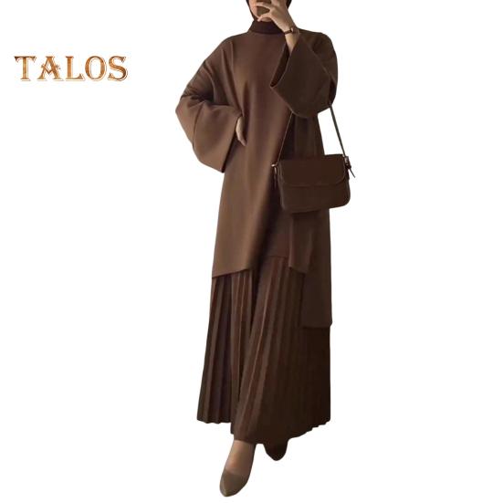 

2 шт./комплект осень-весна женский ретро топ-юбка комплект с круглым вырезом длинные рукава средней длины топ плиссированная А-силуэт свободная макси-юбка наряд для свиданий на работу XL верблюд