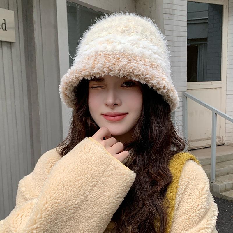 New high-quality plush color matching bucket hat women's Korean version of warm ear protection wool hat fashion travel basin hat tide