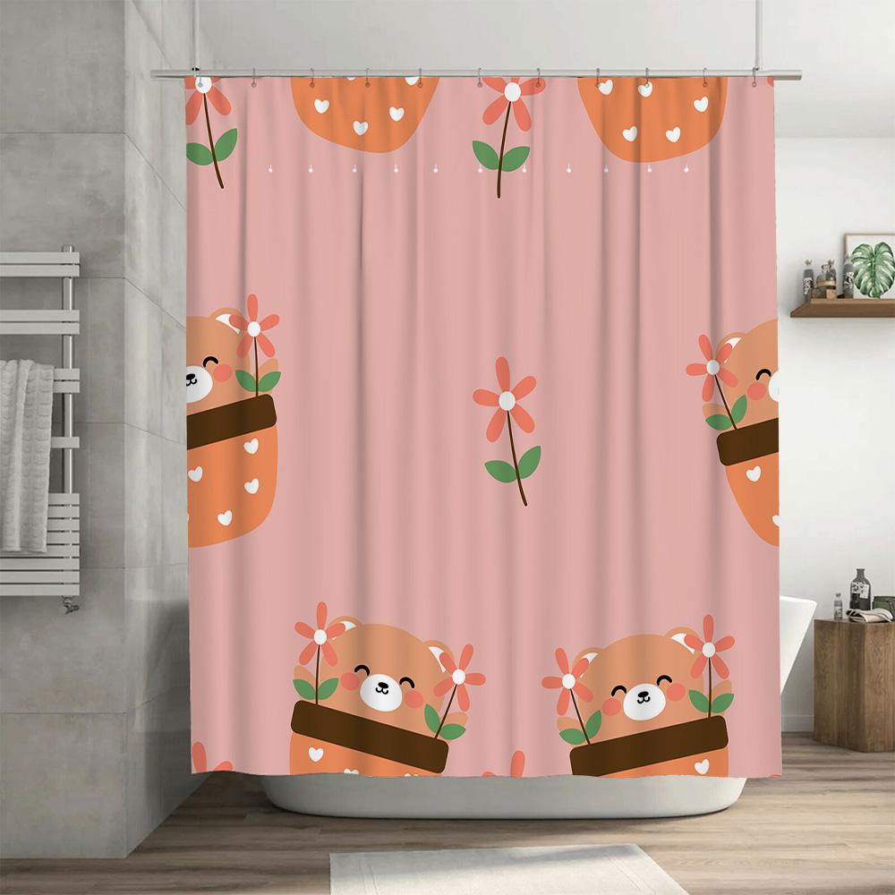 Adorable Animal Print Shower Curtain Pink Flower Decor Happy Bear Pattern Waterproof Fabric for Bathroom Decoration Home Improve