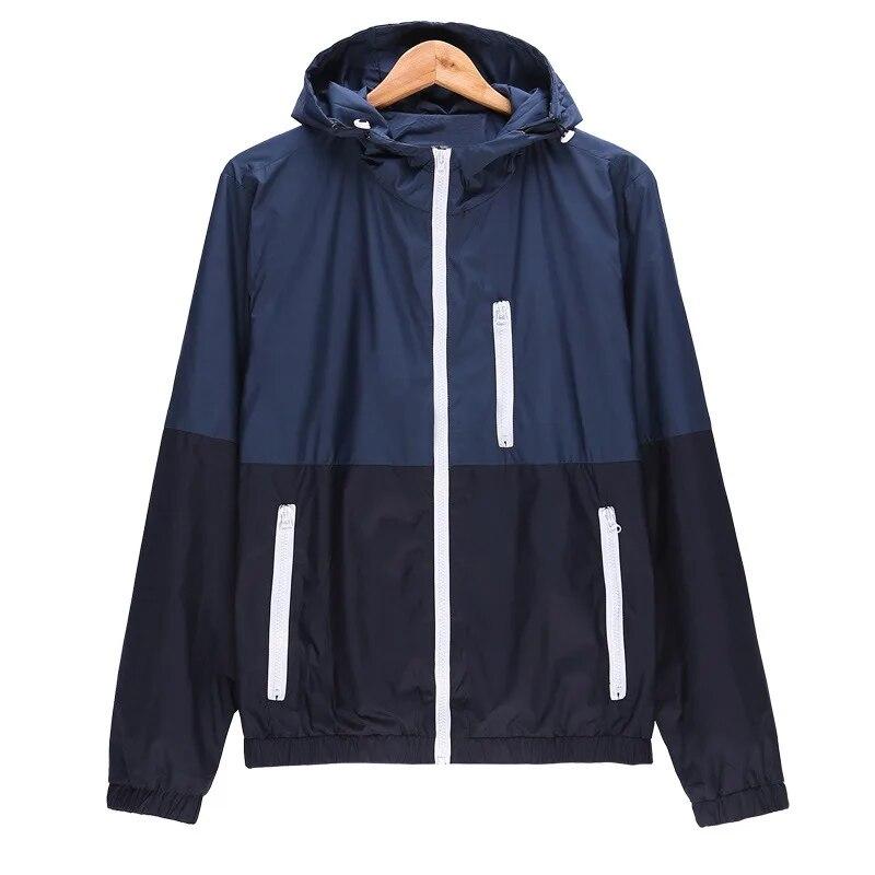Mens Casual Spring Lightweight Jacket Hooded Clashing Zipper Jacket