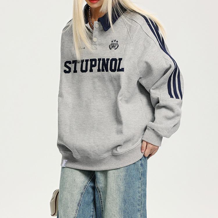 American Retro Collegiate Waffle Polo Neck Sweatshirt Women's Loose Casual Couple Wear Striped Raglan Sleeve Top