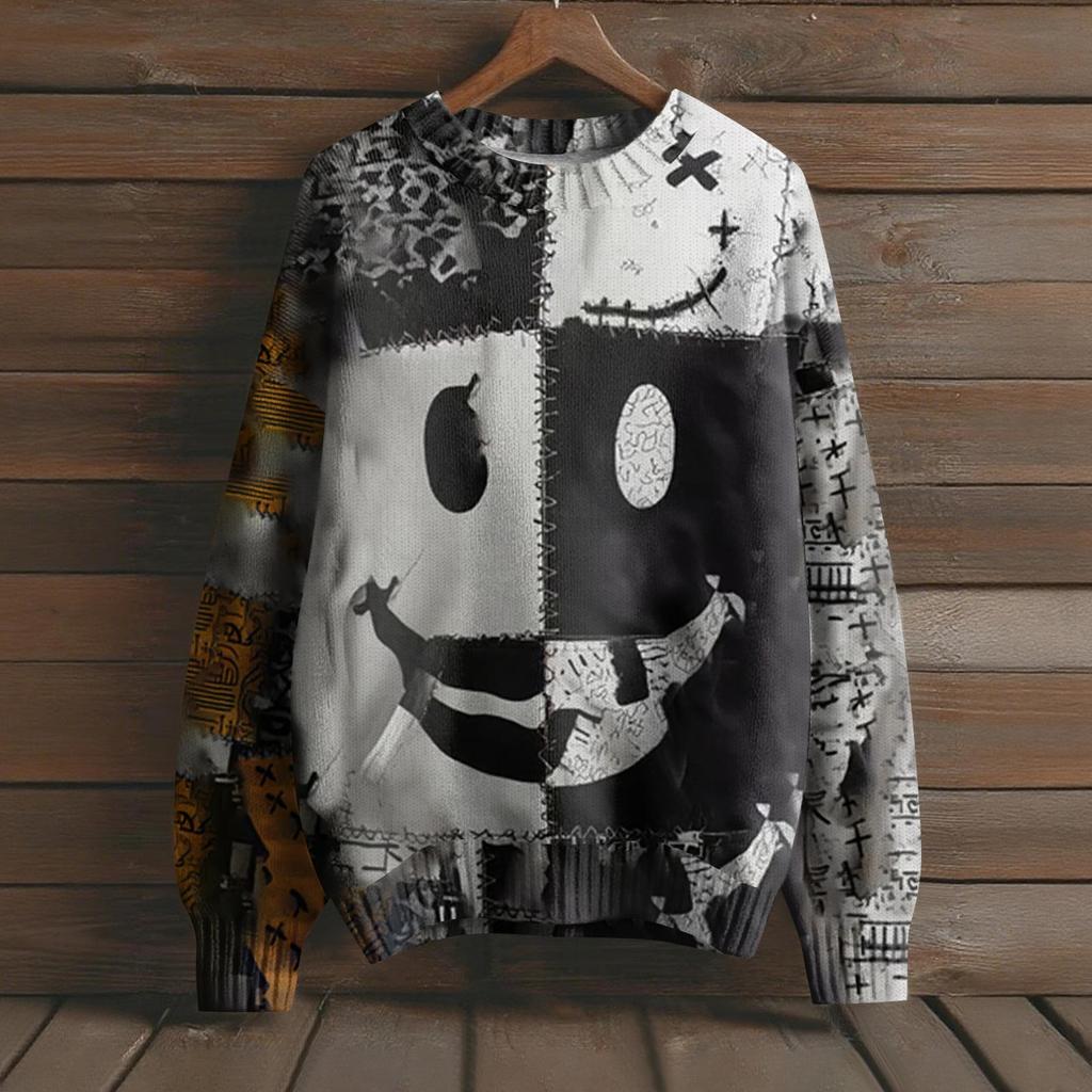 Long Sleeve Pullover Sweaters For Women O Neck Casual Cute Printing Knit Oversized Sweater