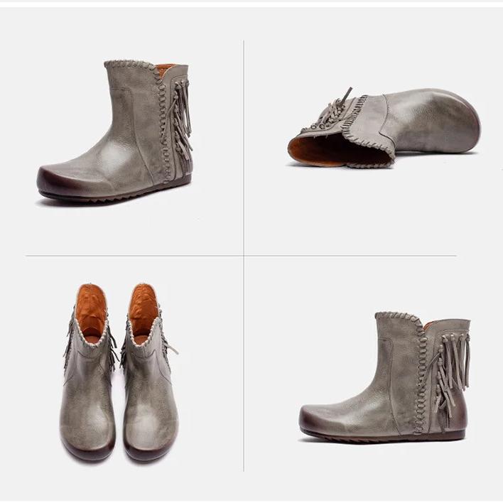 Johnature Retro Short Boots Genuine Leather Versatile Tassel Fashion Comfortable Women's Shoes