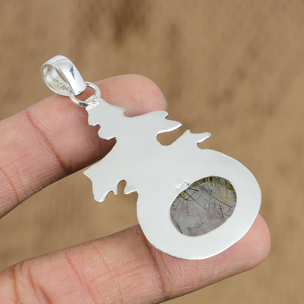 Mothers day Deal Oval Black Rutile Stone Anniversary Birthday Pendant 925 Silver