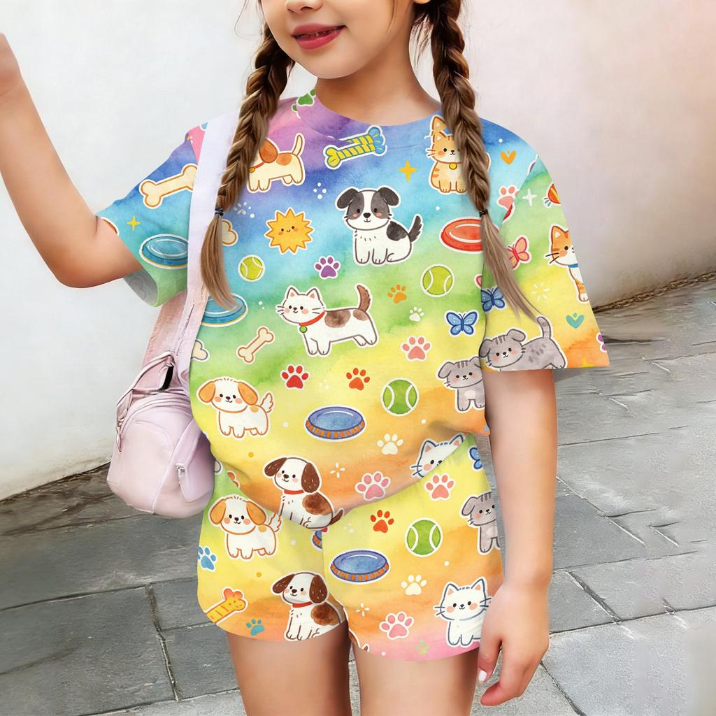 Kids Casual Short Sleeve Top and Shorts Set Animal Print Lightweight Comfortable Summer Outfit for Boys and Girls