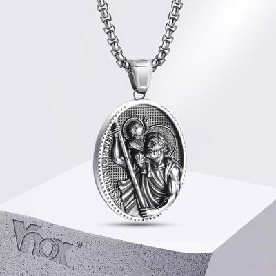 Colliers Vnox en Acier Inoxydable pour Hommes Femmes Pendentif Noir Étiquette Elliptique Saint Christophe Bijoux de Foi Classiques Cadeaux