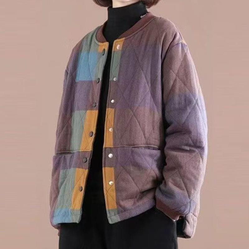 Women's Retro Korean Style Slim-Fitting Loose Cotton Coat Plus Size Casual Patchwork Plaid Short Padded Jacket