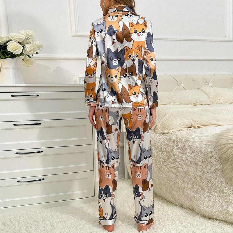 Pigiama Carino con Stampa di Gatto per Donna Raso Manica Lunga Colletto con Revers Top Pantaloni Pigiama Loungewear per Autunno Abbigliamento da Notte da Donna