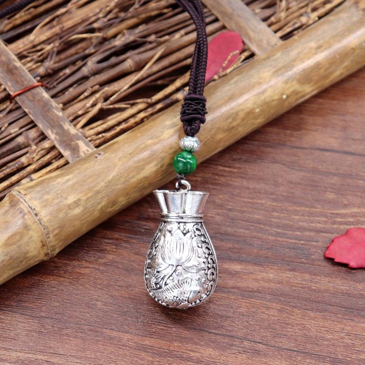 Handmade Retro Cotton and Linen Tibetan Silver Pendant Necklace Medium and Long Flower Versatile Sweater Chain Women's Simple Accessories