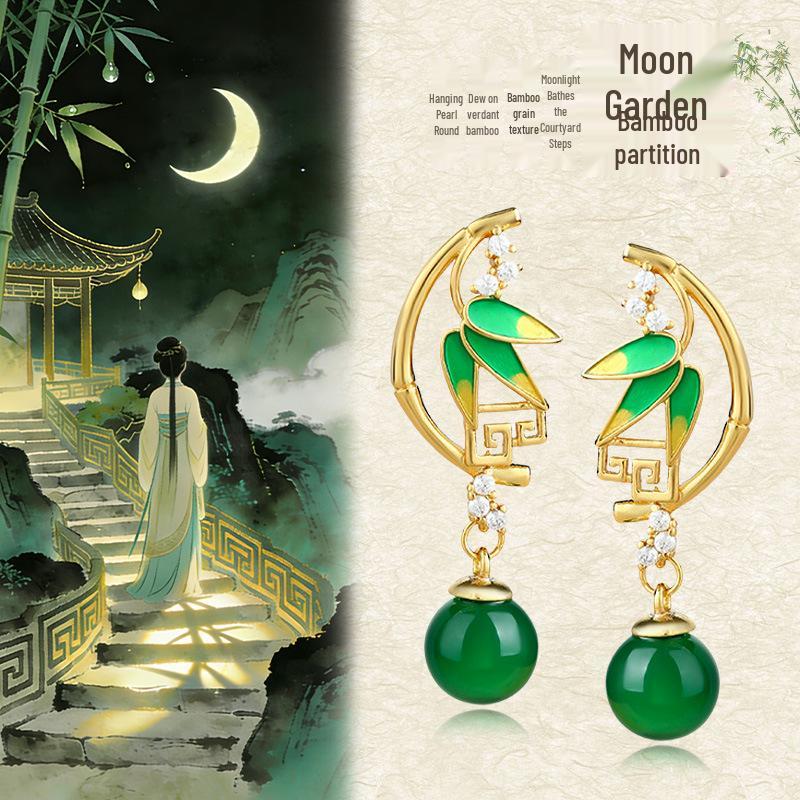 Squisiti Orecchini in Argento 925 con Foglia di Bambù Verde e Calcedonio: Stile Cinese Antico