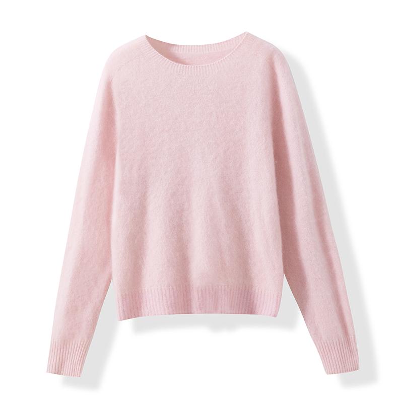 Seamless Wool-Cashmere Brushed V-Neck/Round Neck Pink Knit Base Layer Sweater