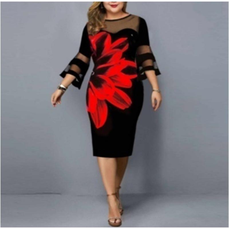 Plus Size Spleiß Digitaldruck Langarmkleid Für Damen