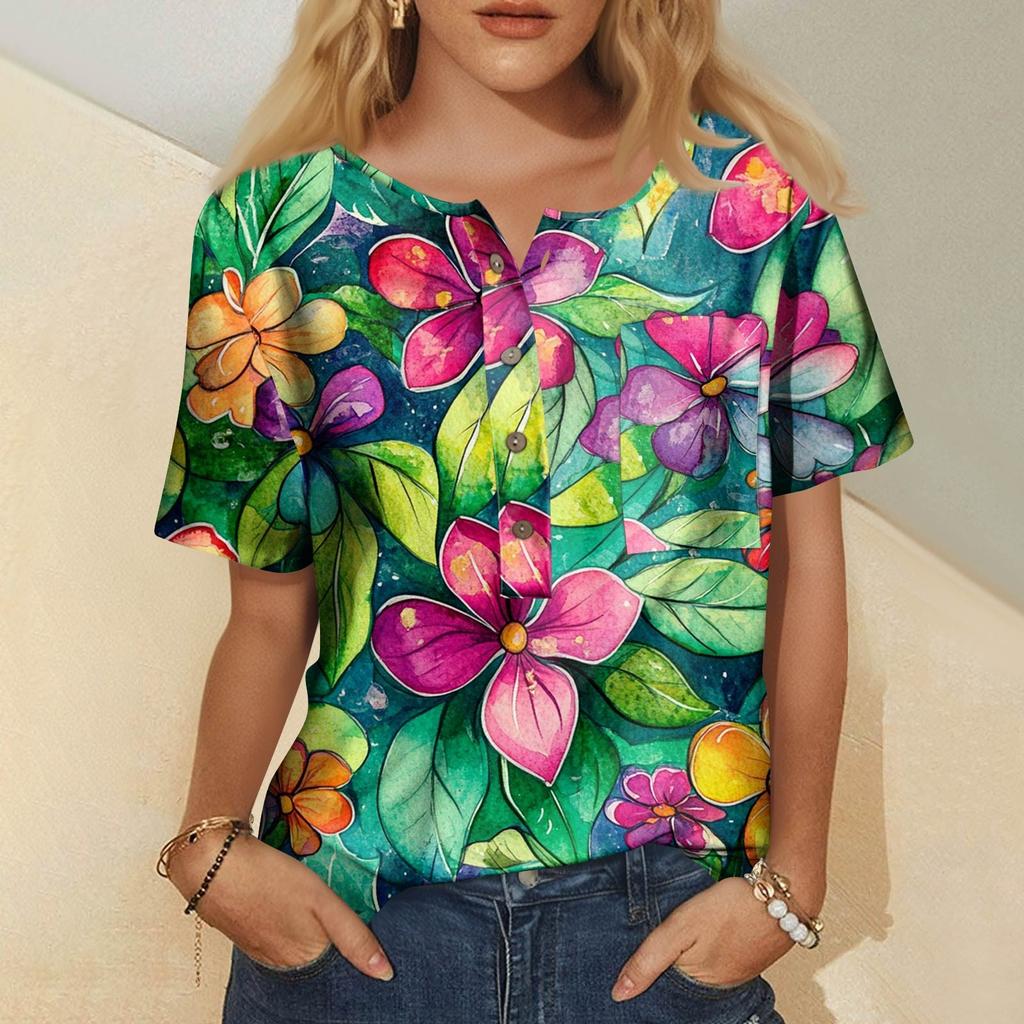 Women's Fashion Casual Short Sleeve Print Round Neck Pullover Top Blouse